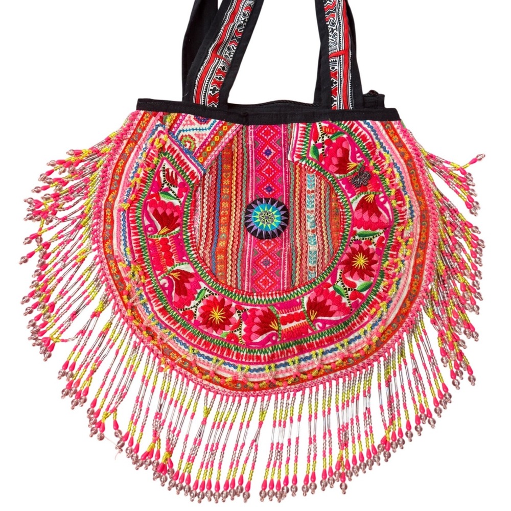 Hmong Hill Tribe Embroidered Boho Tote – Bali Boutique Pink Neon Beadwork NWOT‎